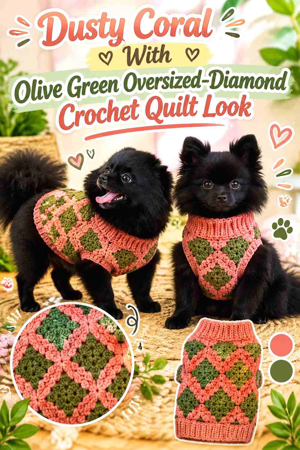 Dusty Coral Sweater With Olive Green Oversized-Diamond Crochet Quilt Look