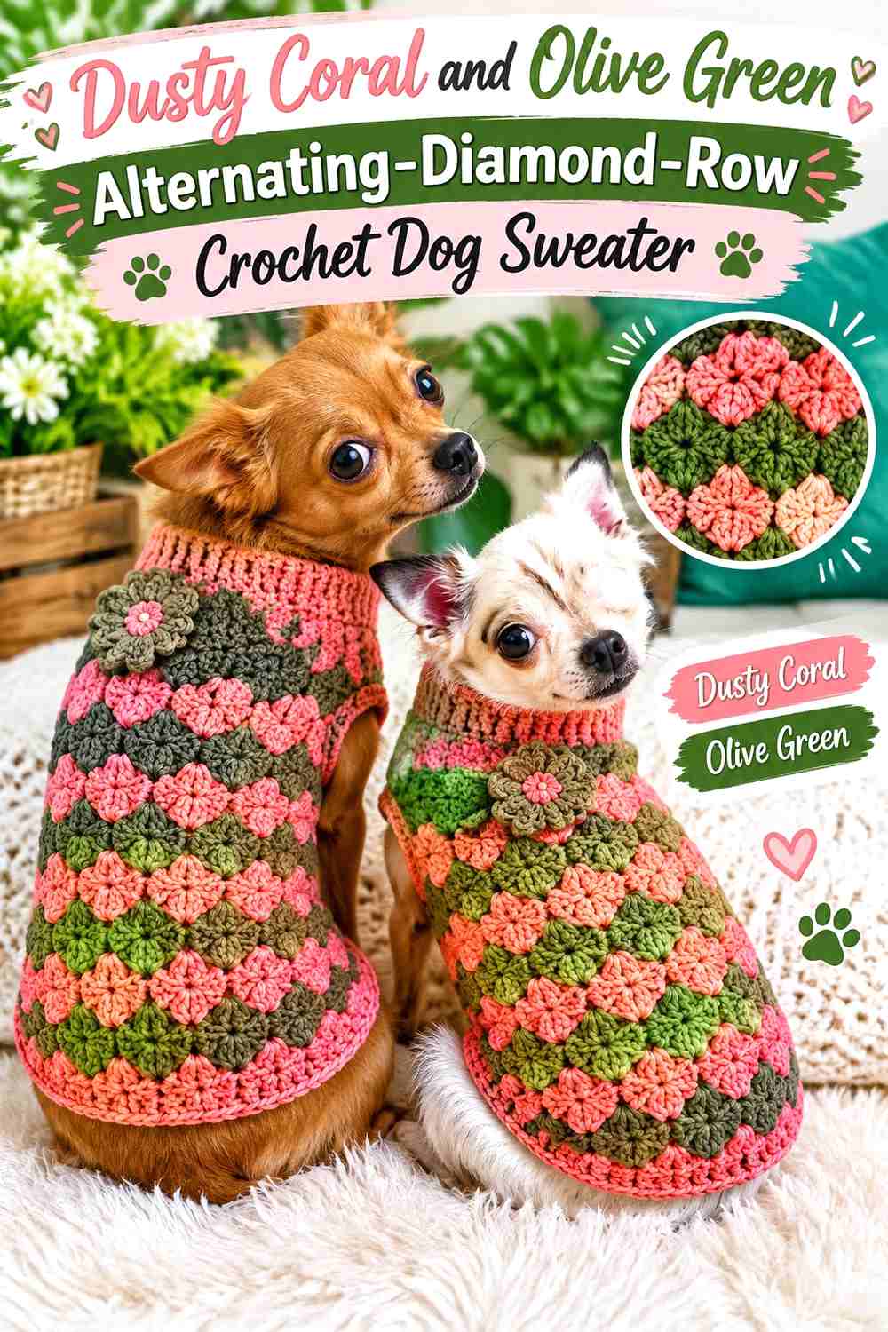 Dusty Coral and Olive Green Alternating-Diamond-Row Crochet Dog Sweater