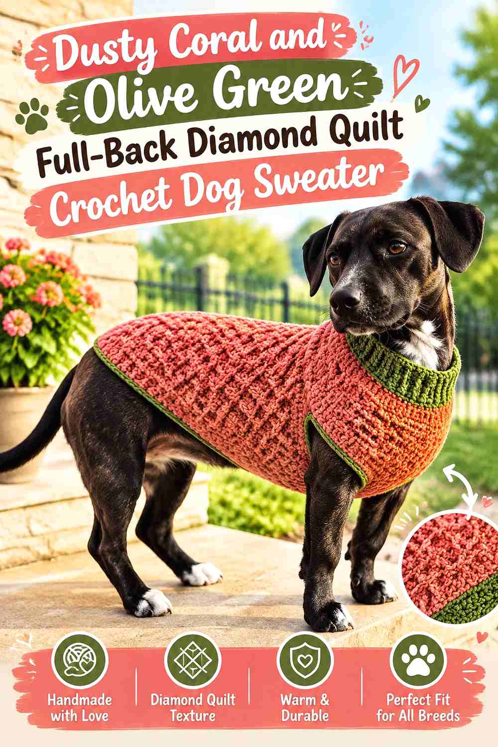 Dusty Coral and Olive Green Full-Back Diamond Quilt Crochet Dog Sweater