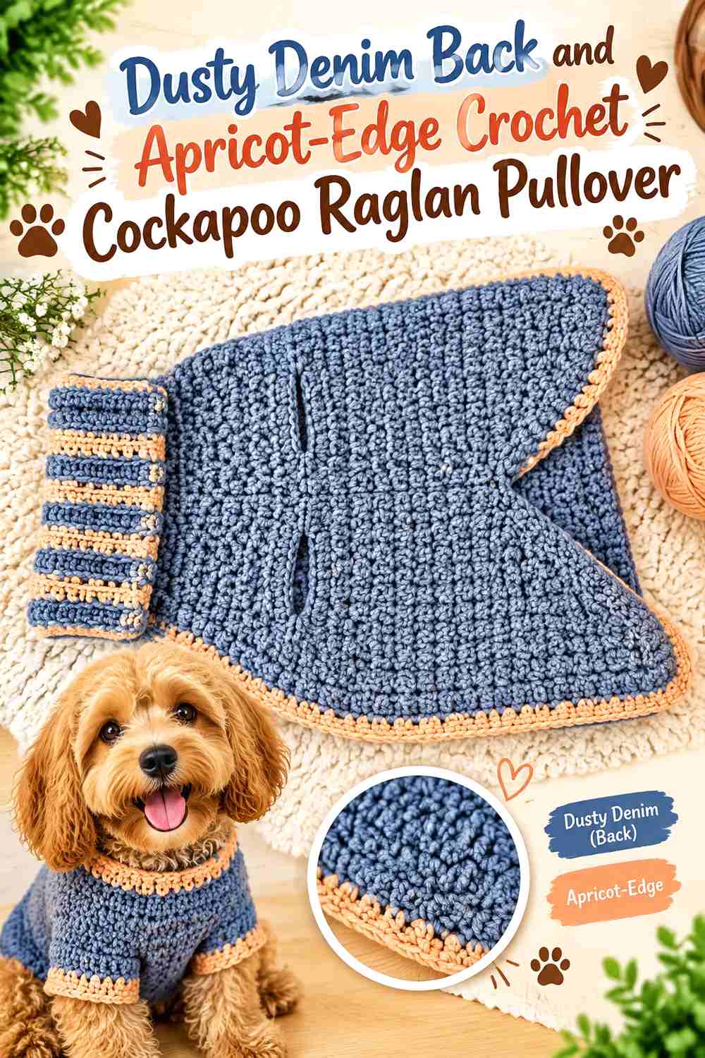 Dusty Denim Back and Apricot-Edge Crochet Cockapoo Raglan Pullover