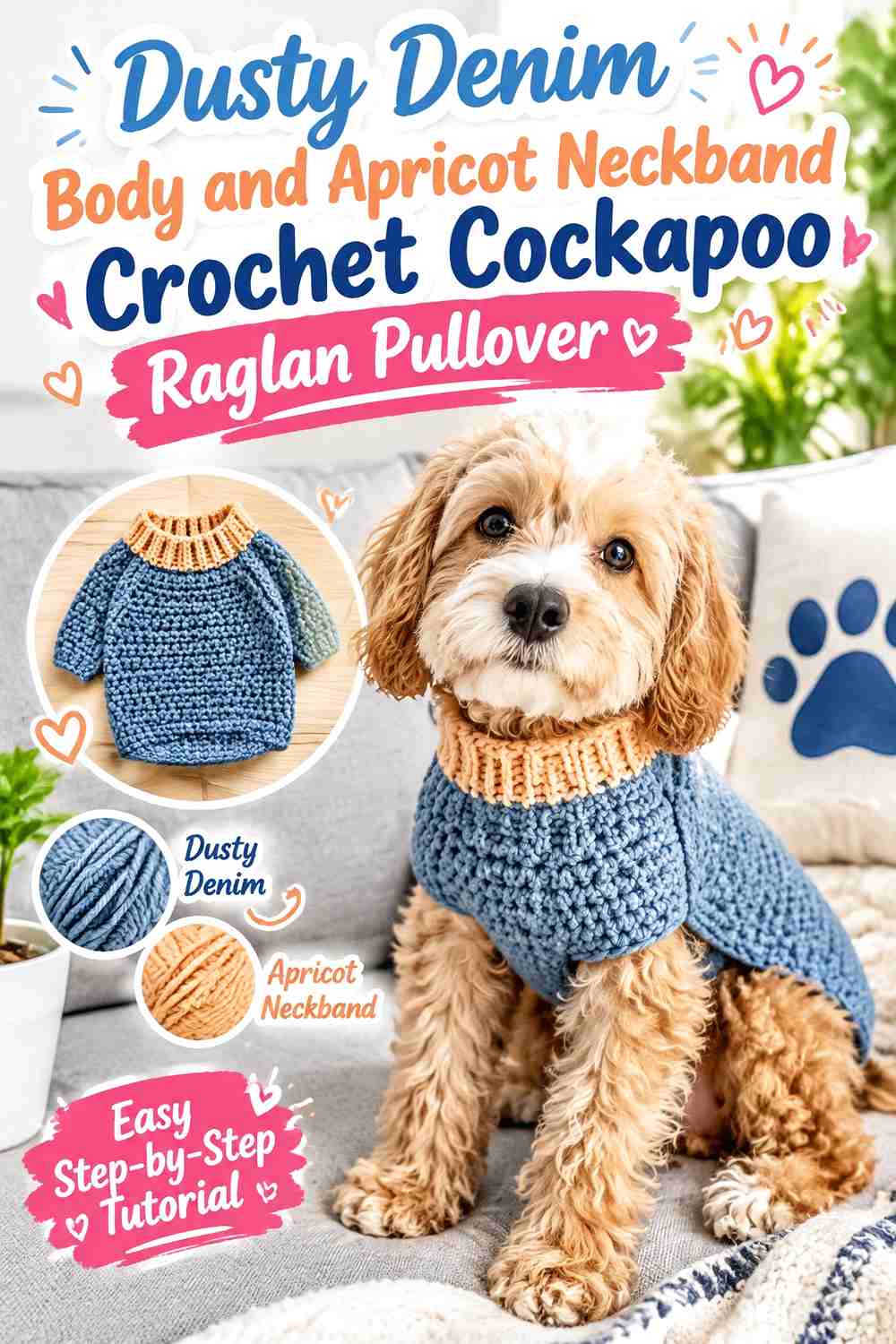 Dusty Denim Body and Apricot Neckband Crochet Cockapoo Raglan Pullover