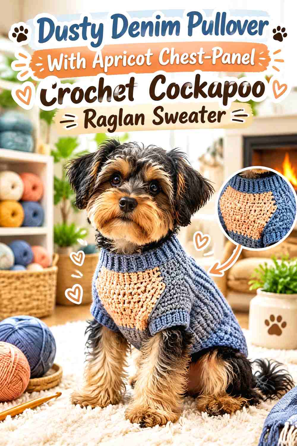 Dusty Denim Pullover With Apricot Chest-Panel Crochet Cockapoo Raglan Sweater