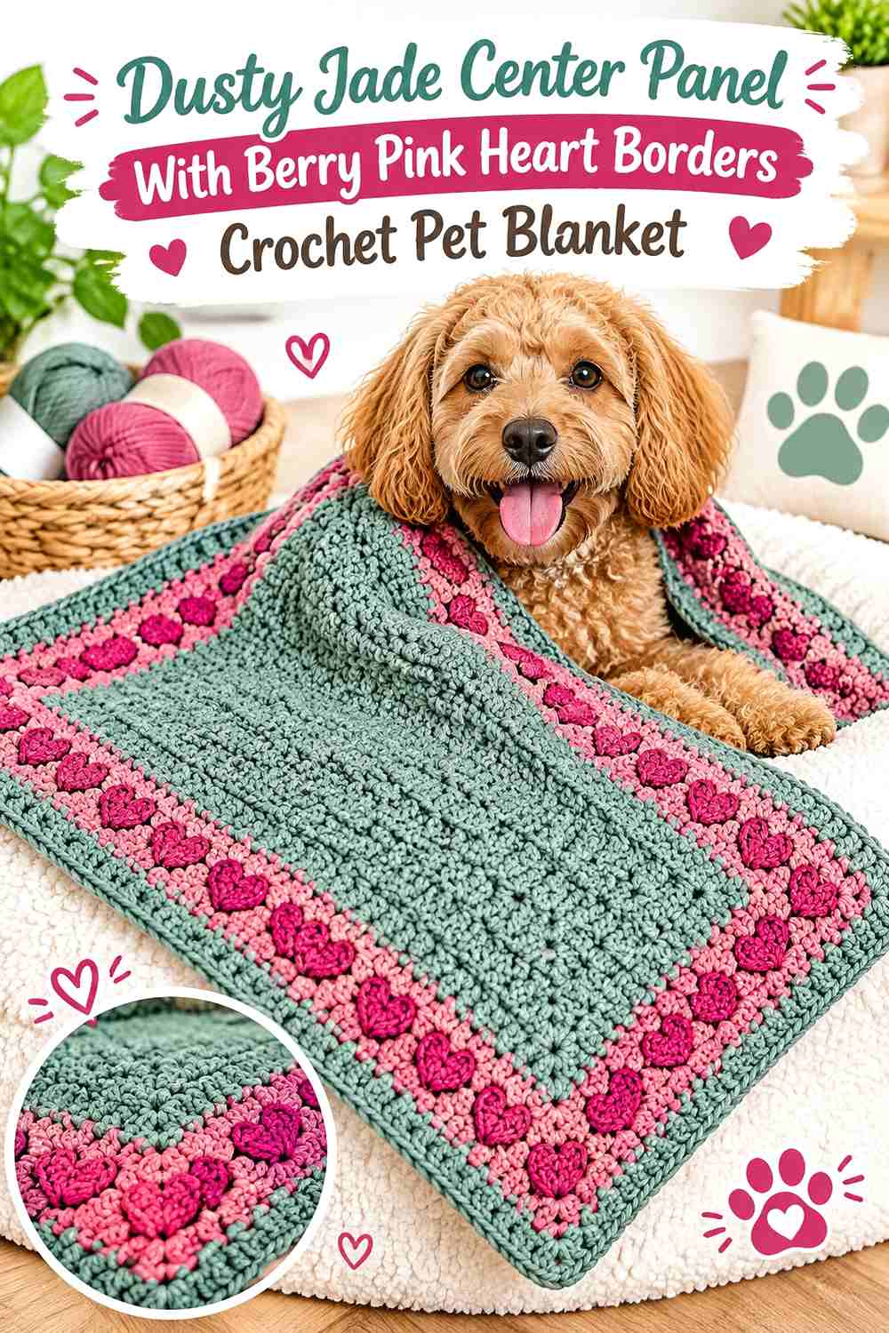 Dusty Jade Center Panel With Berry Pink Heart Borders Crochet Pet Blanket