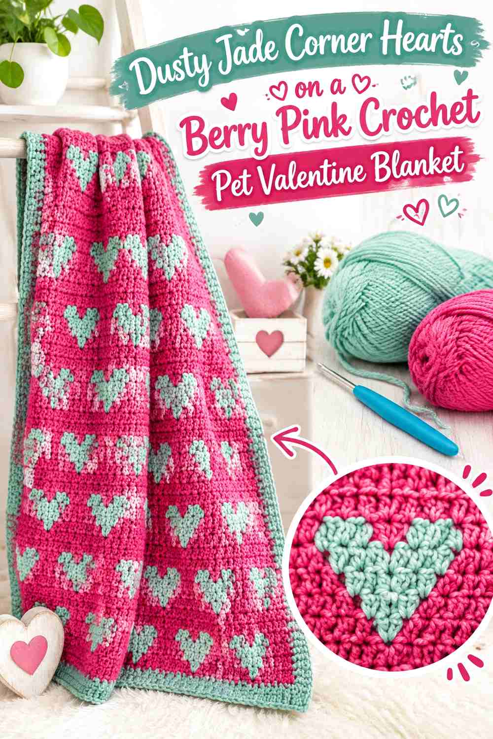 Dusty Jade Corner Hearts on a Berry Pink Crochet Pet Valentine Blanket