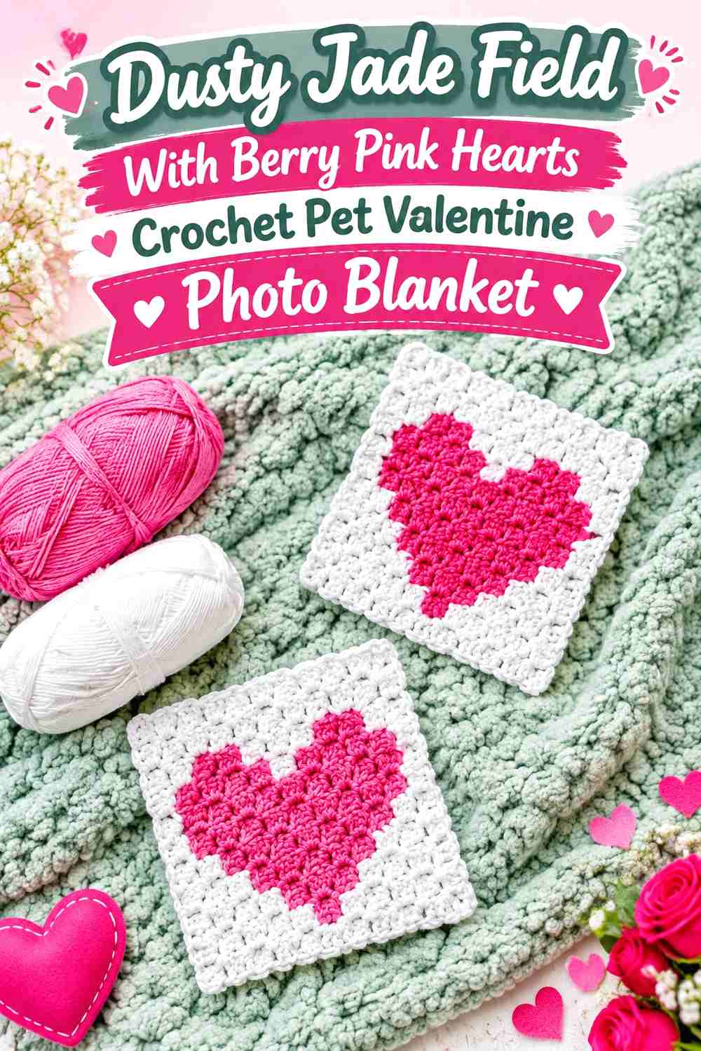 Dusty Jade Field With Berry Pink Hearts Crochet Pet Valentine Photo Blanket