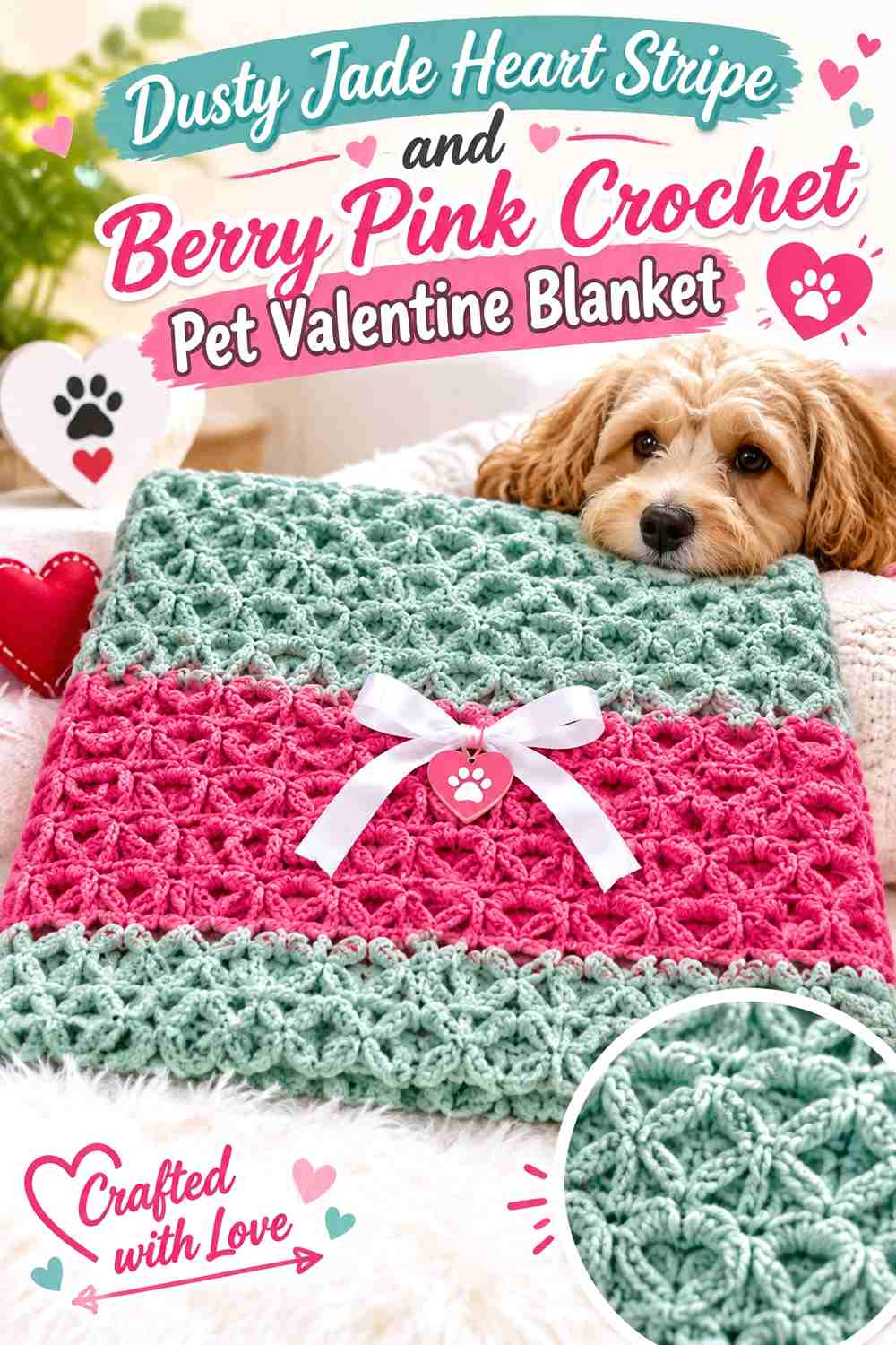 Dusty Jade Heart Stripe and Berry Pink Crochet Pet Valentine Blanket