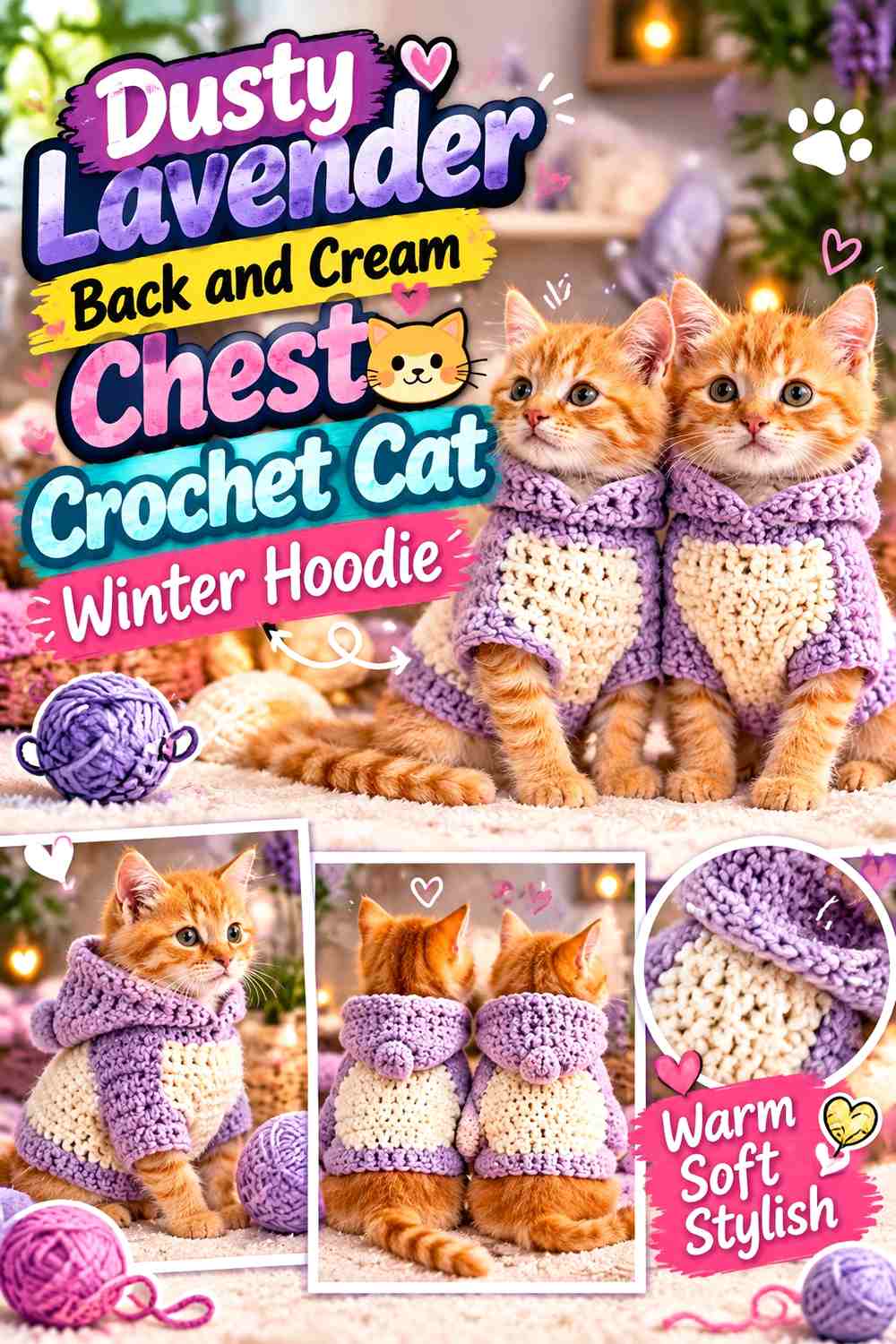 Dusty Lavender Back and Cream Chest Crochet Cat Winter Hoodie