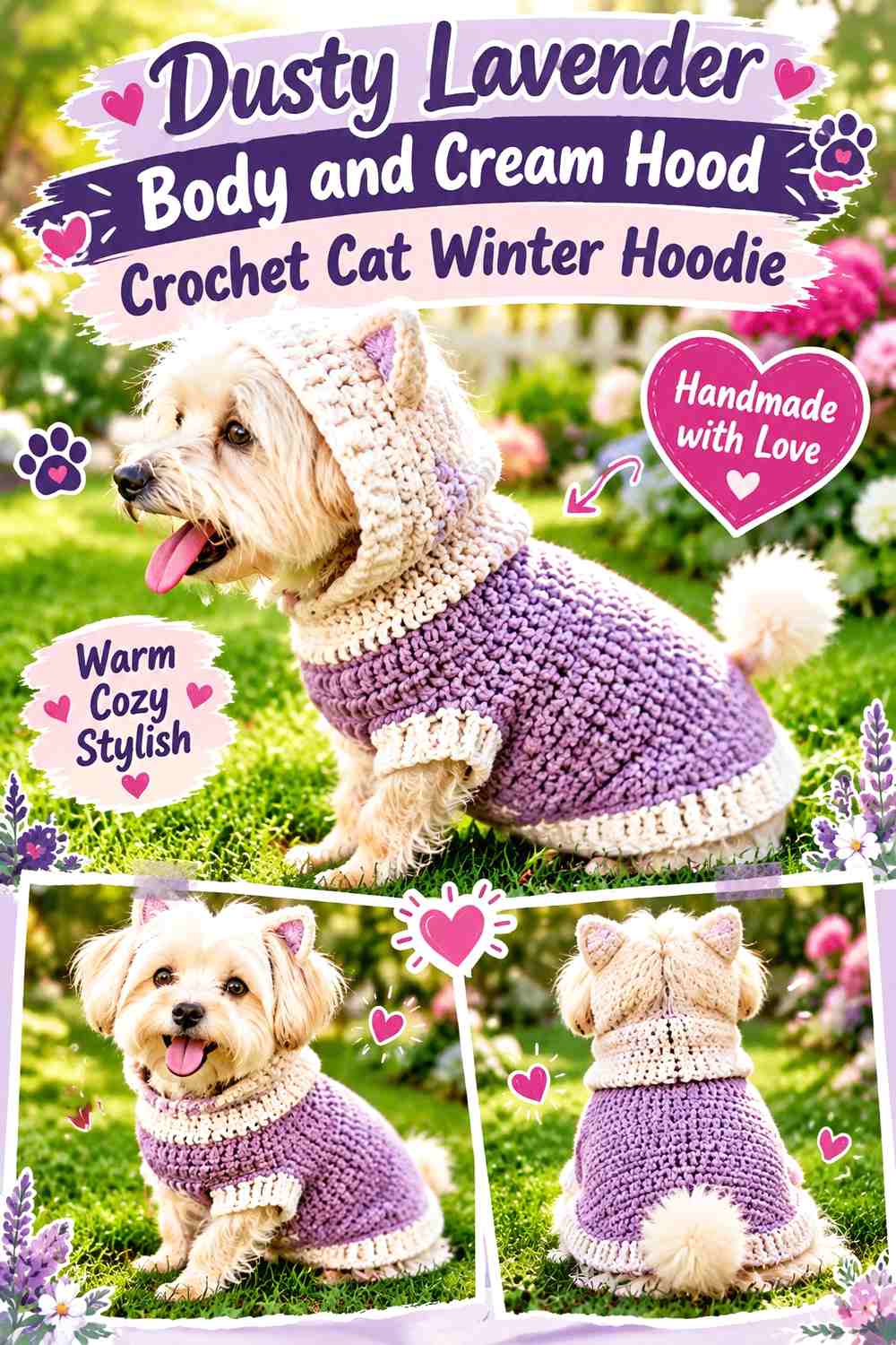 Dusty Lavender Body and Cream Hood Crochet Cat Winter Hoodie
