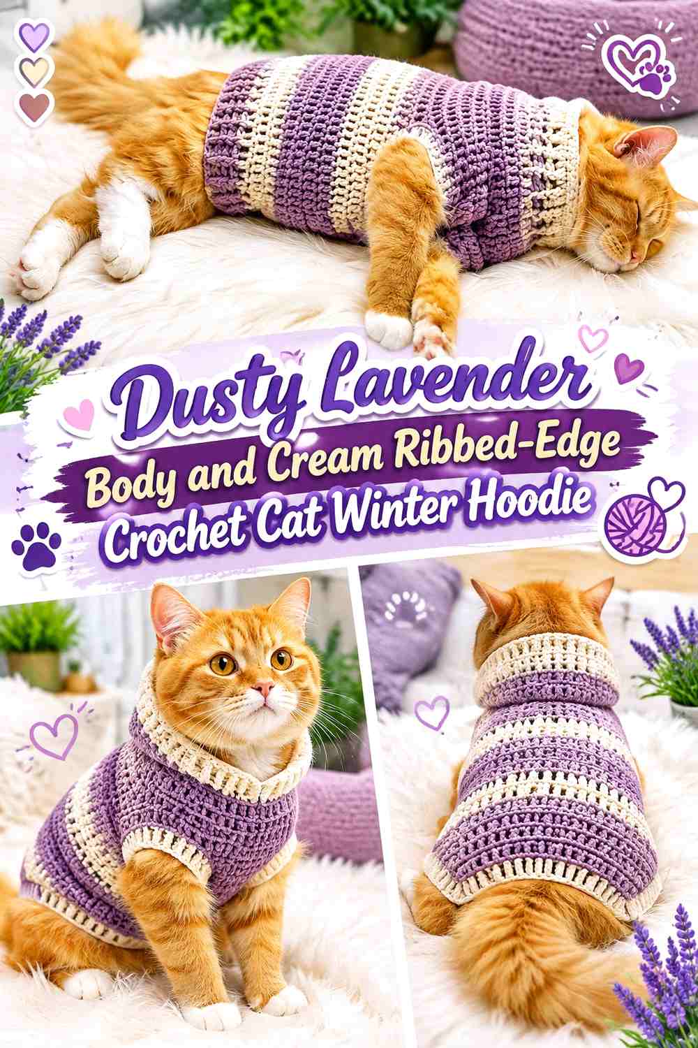Dusty Lavender Body and Cream Ribbed-Edge Crochet Cat Winter Hoodie