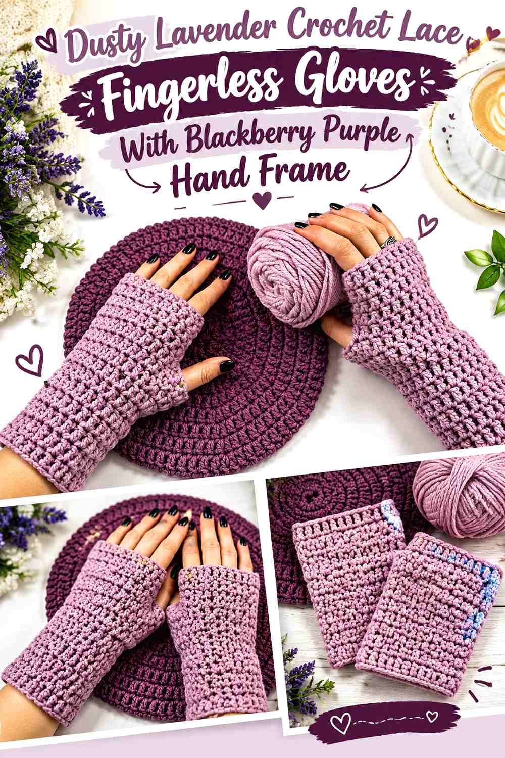 Dusty Lavender Crochet Lace Fingerless Gloves With Blackberry Purple Hand Frame