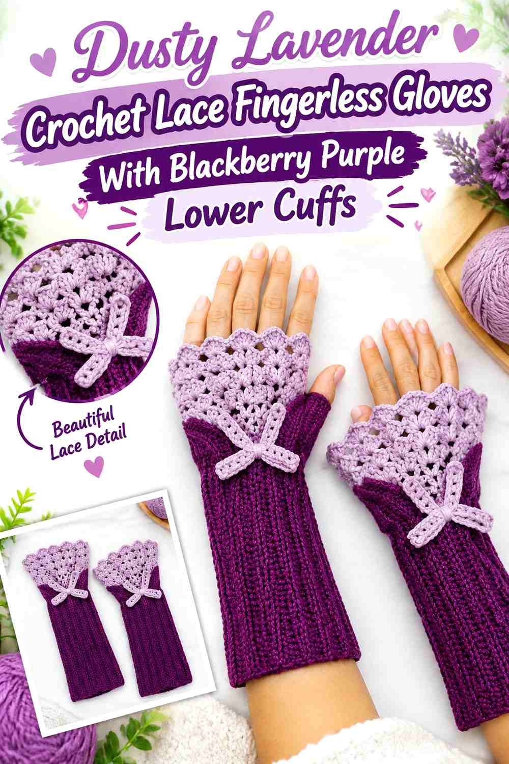 Dusty Lavender Crochet Lace Fingerless Gloves With Blackberry Purple Lower Cuffs