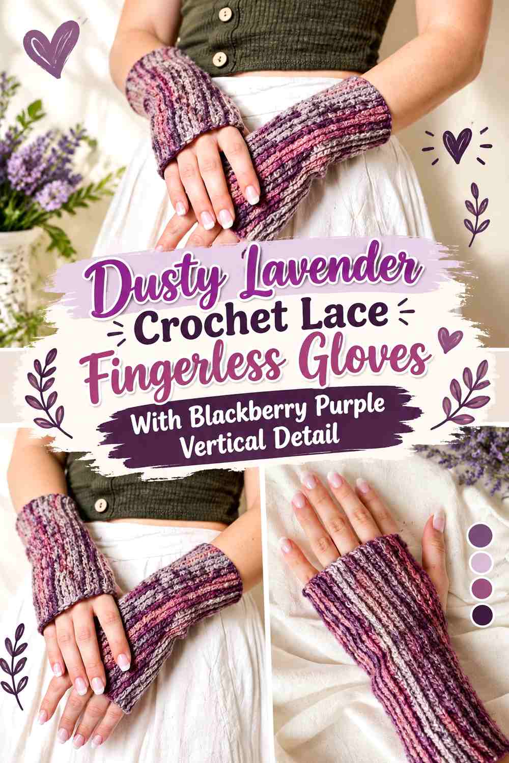 Dusty Lavender Crochet Lace Fingerless Gloves With Blackberry Purple Vertical Detail