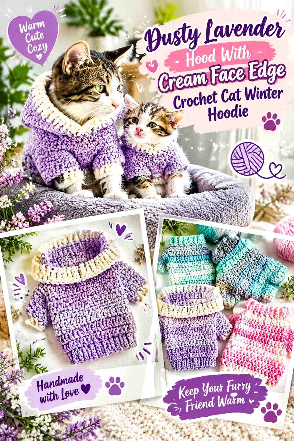 Dusty Lavender Hood With Cream Face Edge Crochet Cat Winter Hoodie