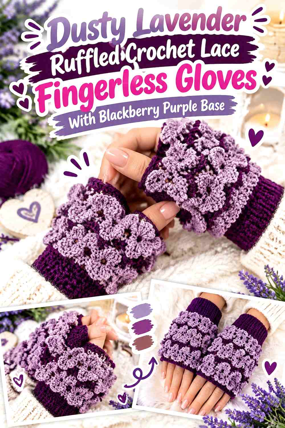 Dusty Lavender Ruffled Crochet Lace Fingerless Gloves With Blackberry Purple Base