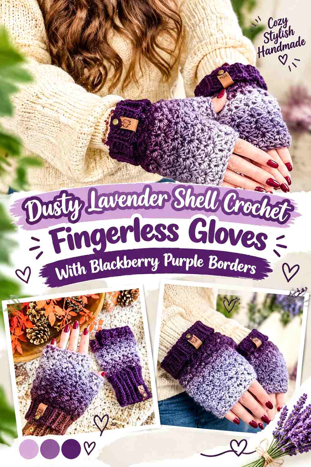 Dusty Lavender Shell Crochet Fingerless Gloves With Blackberry Purple Borders