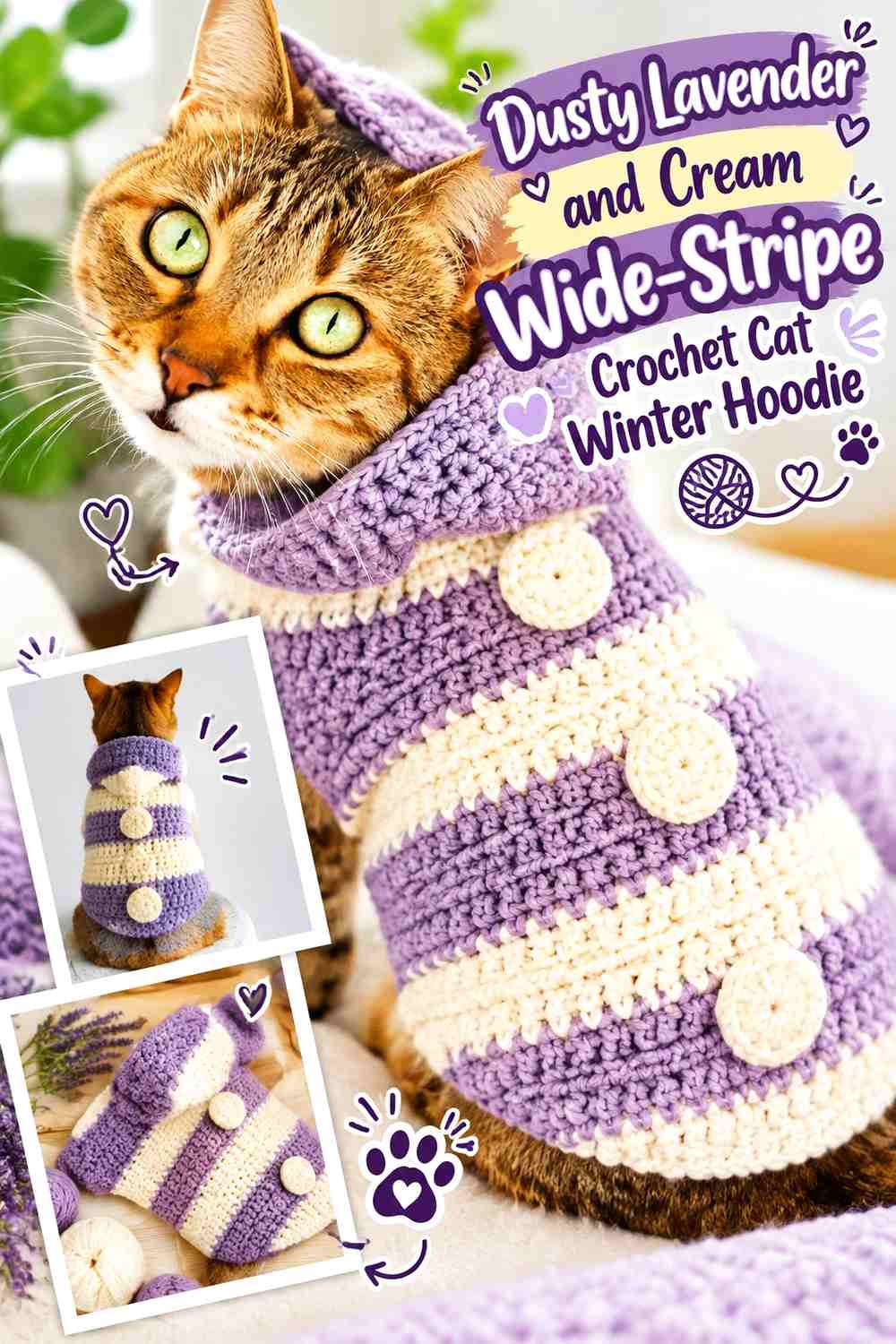 Dusty Lavender and Cream Wide-Stripe Crochet Cat Winter Hoodie