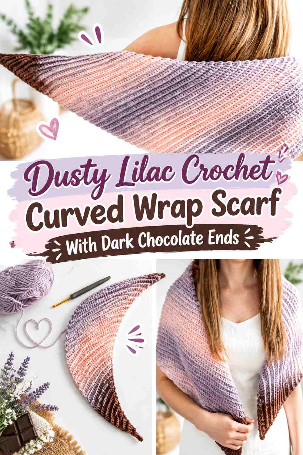 Dusty Lilac Crochet Curved Wrap Scarf With Dark Chocolate Ends