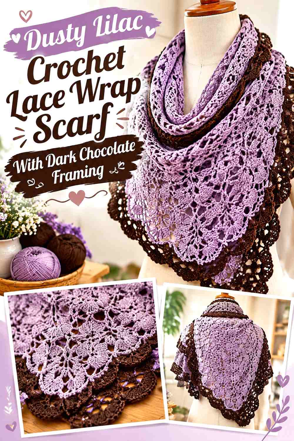 Dusty Lilac Crochet Lace Wrap Scarf With Dark Chocolate Framing
