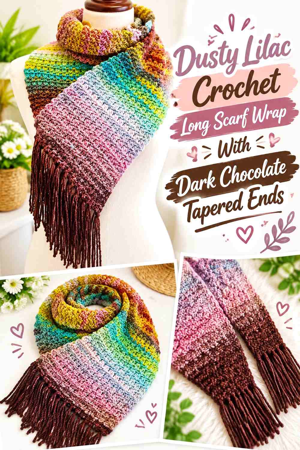 Dusty Lilac Crochet Long Scarf Wrap With Dark Chocolate Tapered Ends