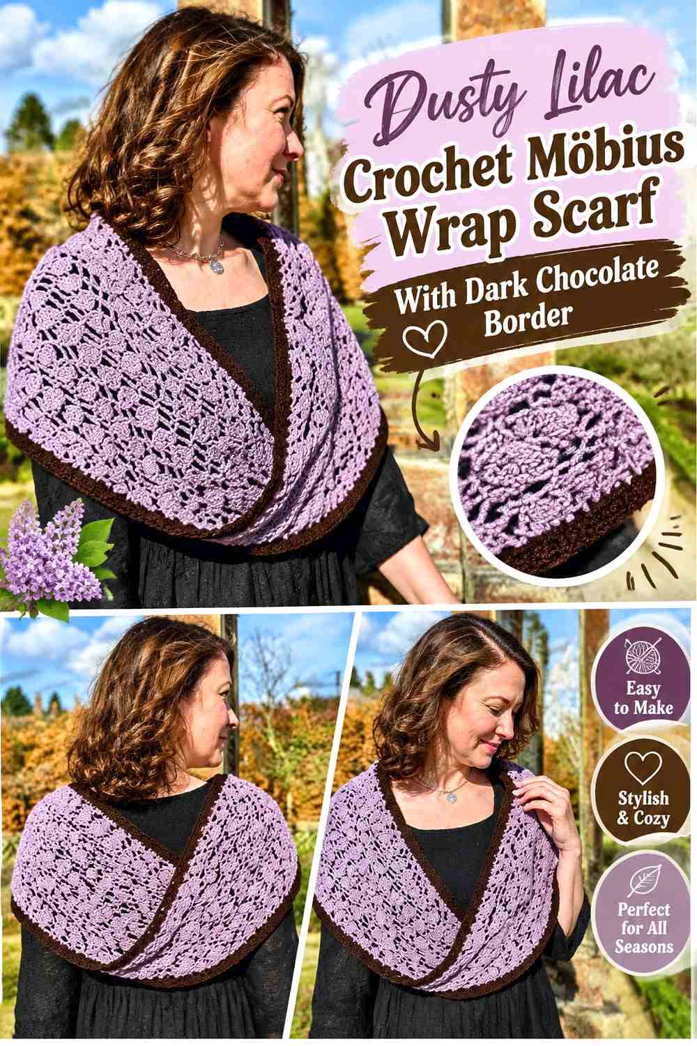 Dusty Lilac Crochet Möbius Wrap Scarf With Dark Chocolate Border