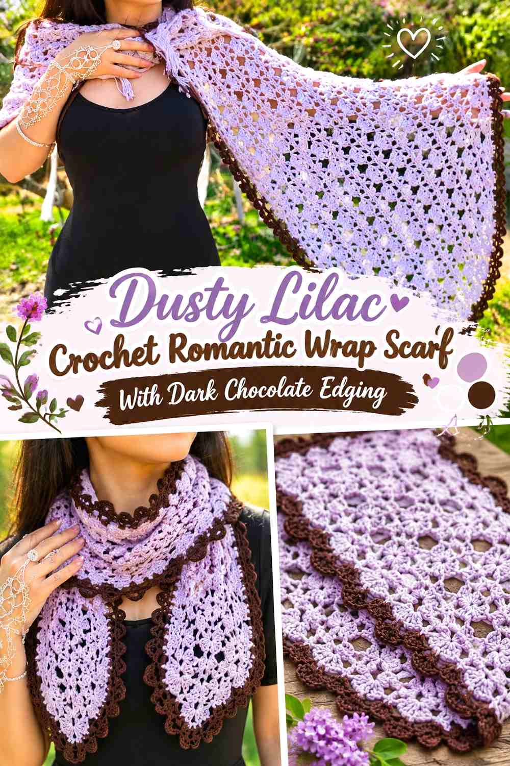 Dusty Lilac Crochet Romantic Wrap Scarf With Dark Chocolate Edging