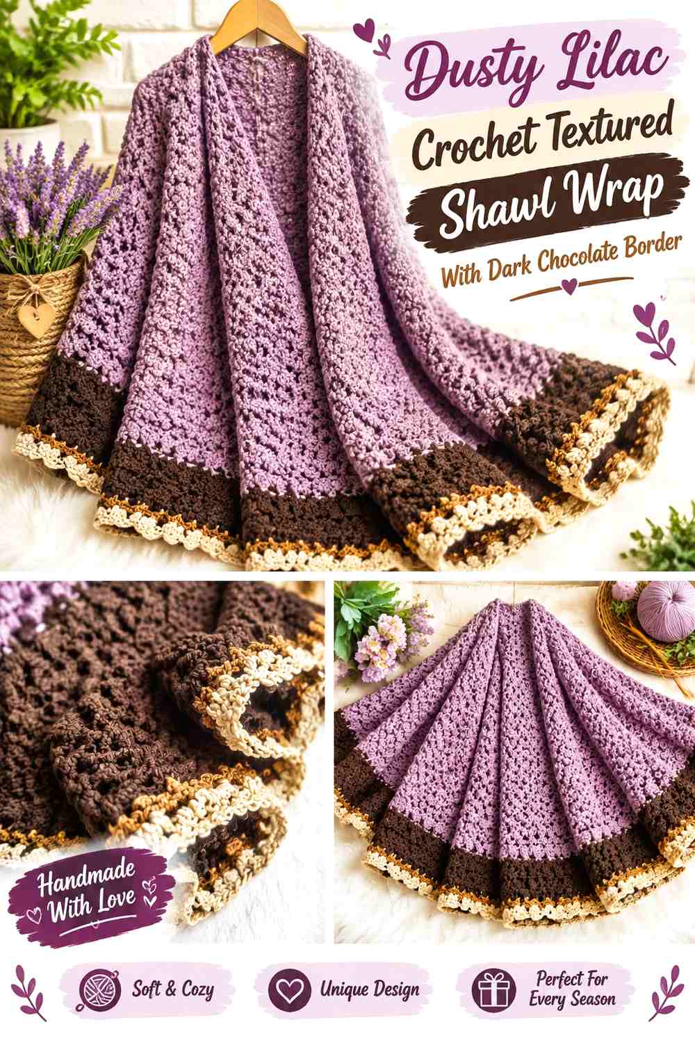 Dusty Lilac Crochet Textured Shawl Wrap With Dark Chocolate Border