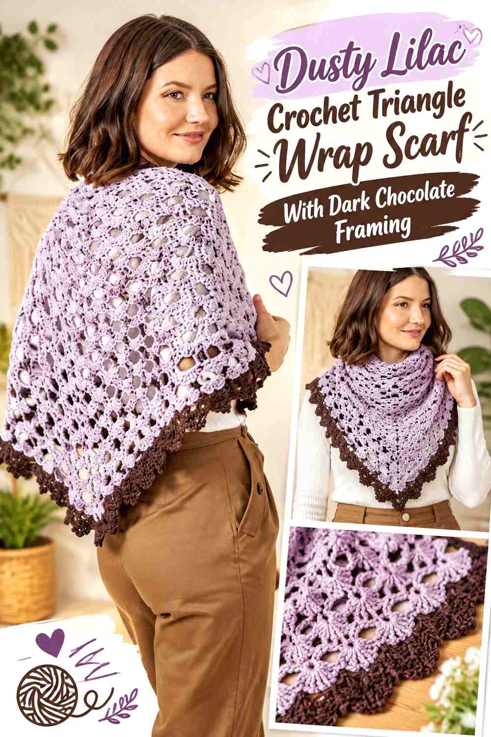 Dusty Lilac Crochet Triangle Wrap Scarf With Dark Chocolate Framing