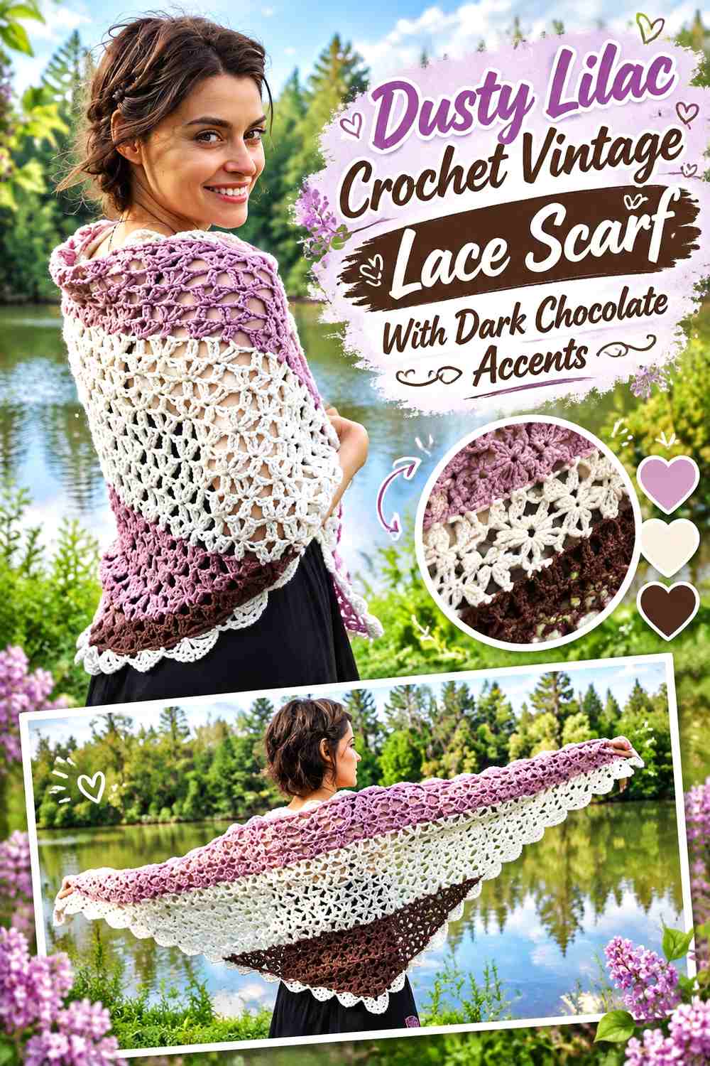 Dusty Lilac Crochet Vintage Lace Scarf With Dark Chocolate Accents