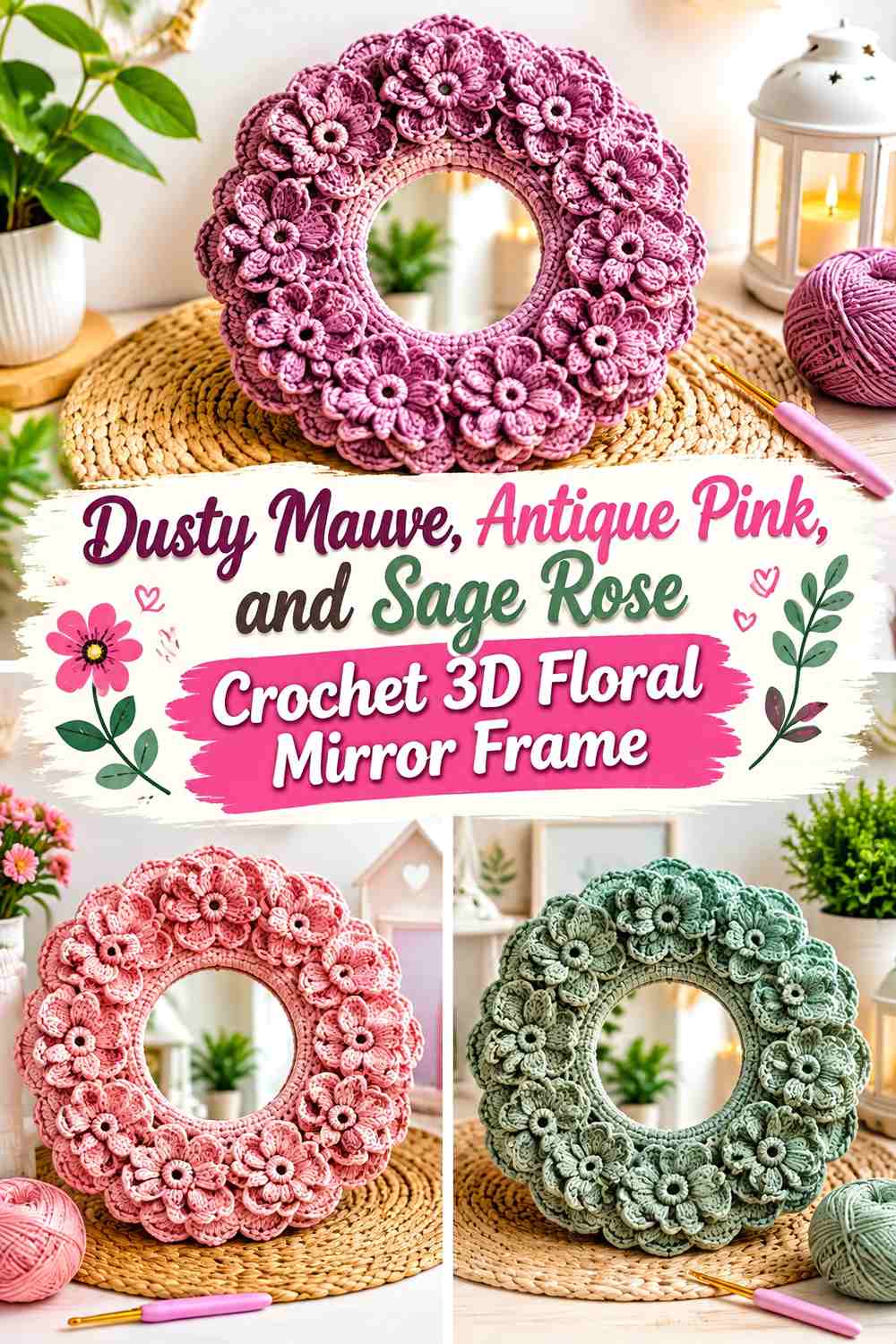 Dusty Mauve, Antique Pink, and Sage Rose Crochet 3D Floral Mirror Frame