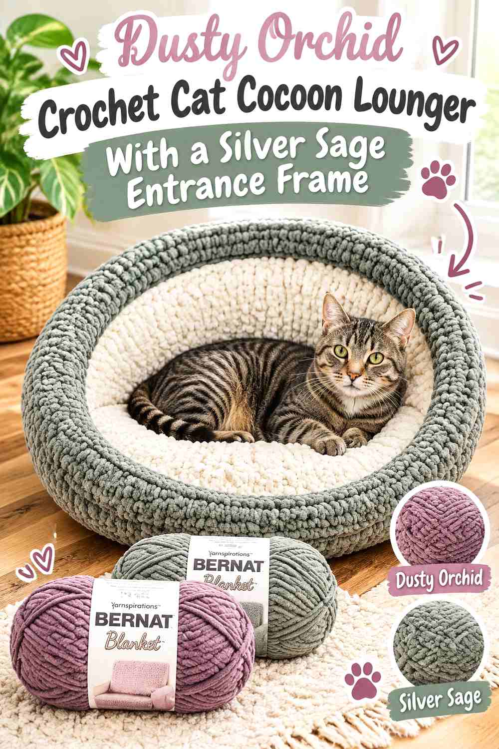 Dusty Orchid Crochet Cat Cocoon Lounger With a Silver Sage Entrance Frame