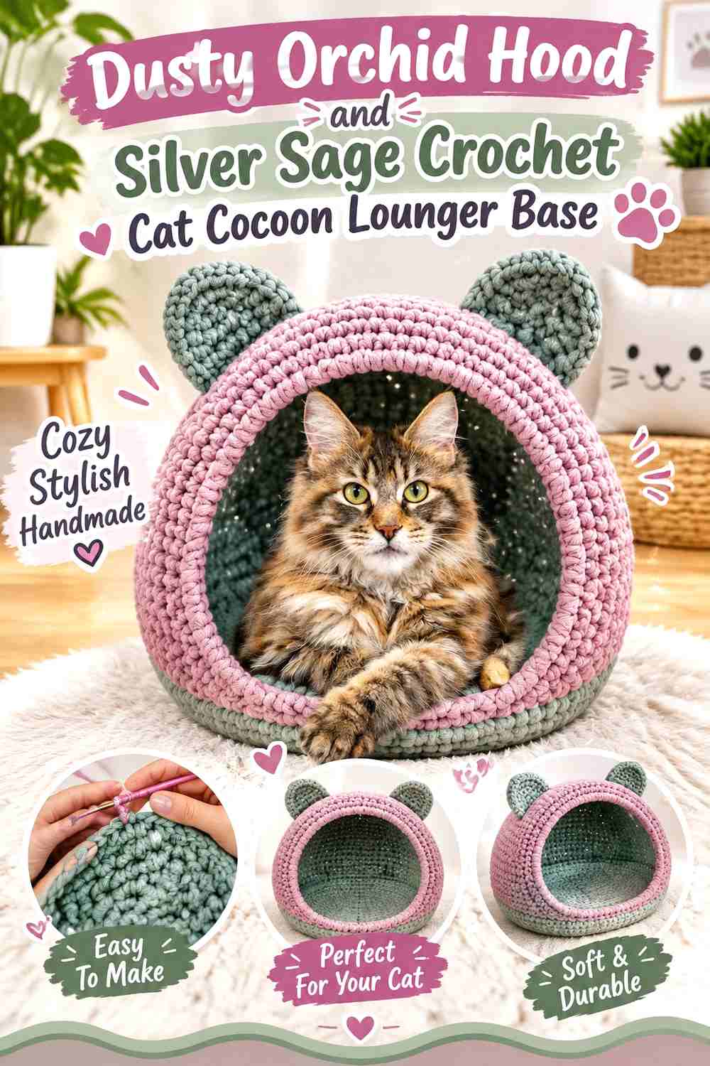 Dusty Orchid Hood and Silver Sage Crochet Cat Cocoon Lounger Base
