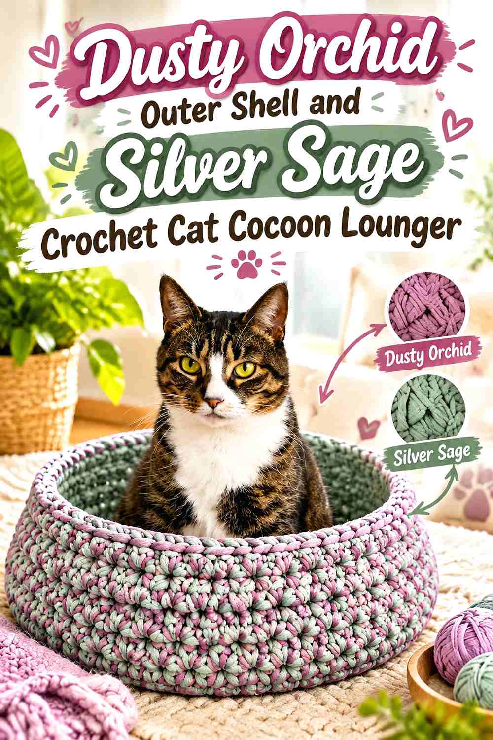 Dusty Orchid Outer Shell and Silver Sage Crochet Cat Cocoon Lounger