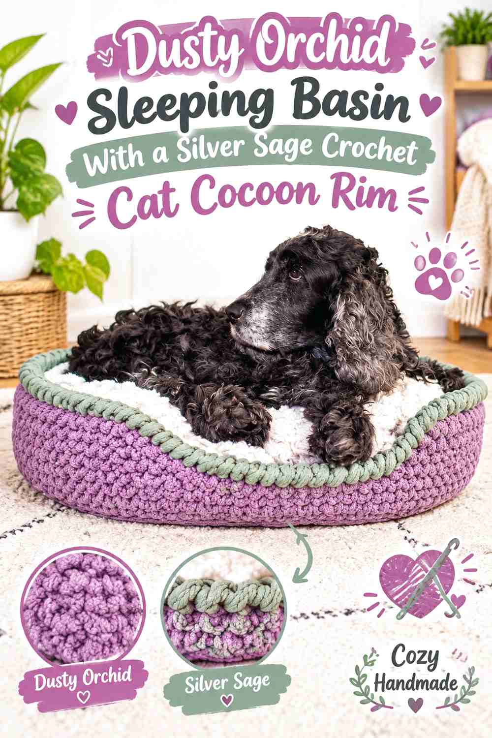 Dusty Orchid Sleeping Basin With a Silver Sage Crochet Cat Cocoon Rim