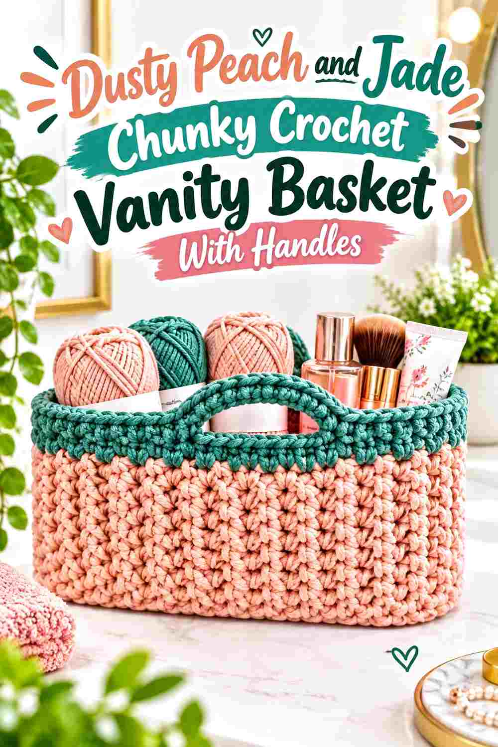8. Dusty Peach And Jade Chunky Crochet Vanity Basket With Handles