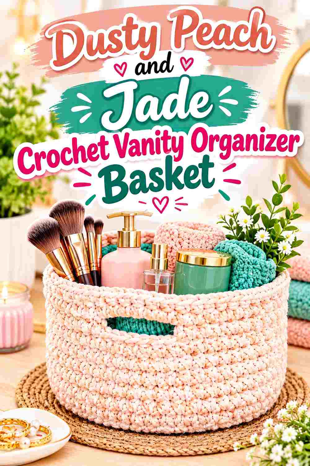 18. Dusty Peach And Jade Crochet Vanity Organizer Basket