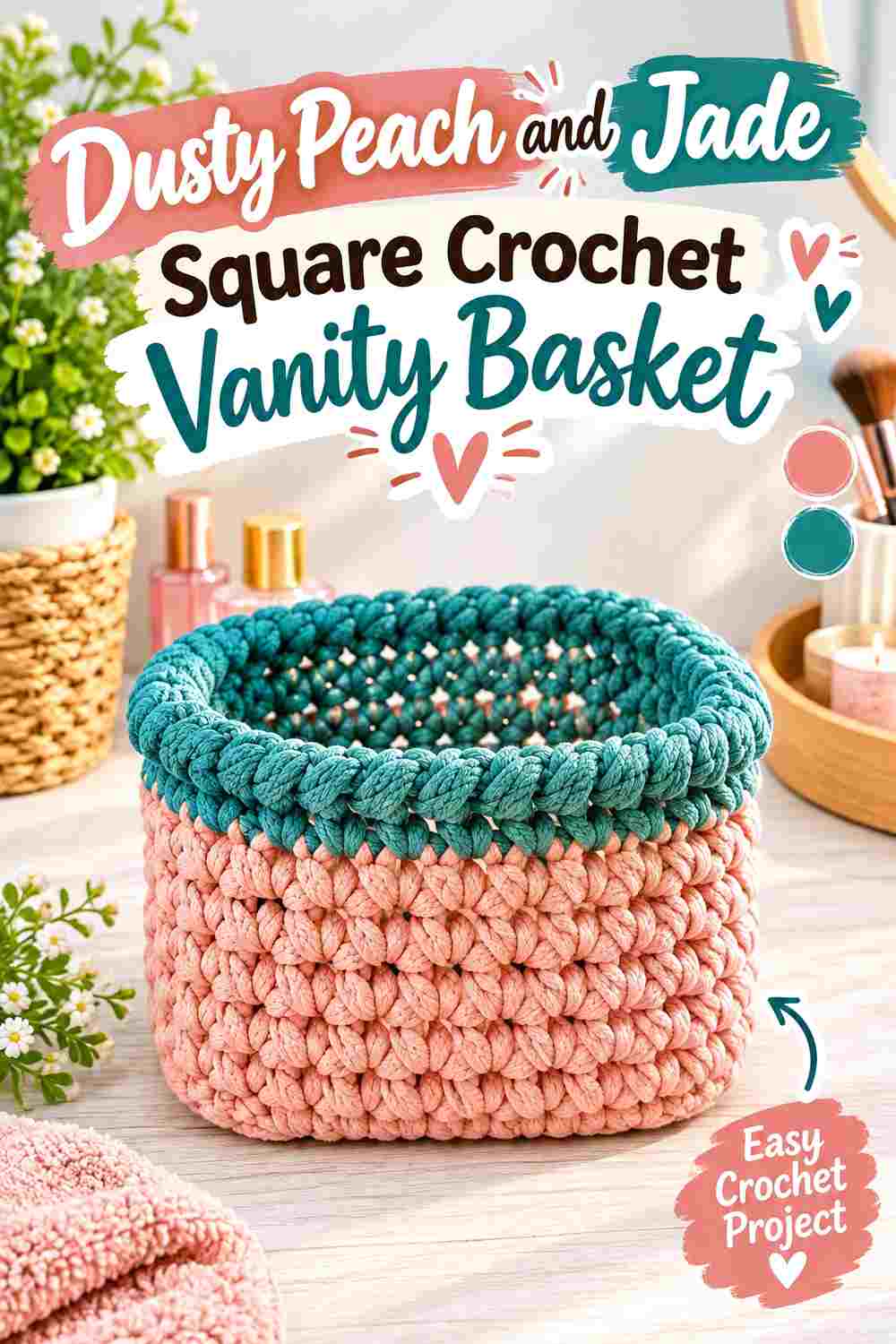 4. Dusty Peach And Jade Square Crochet Vanity Basket