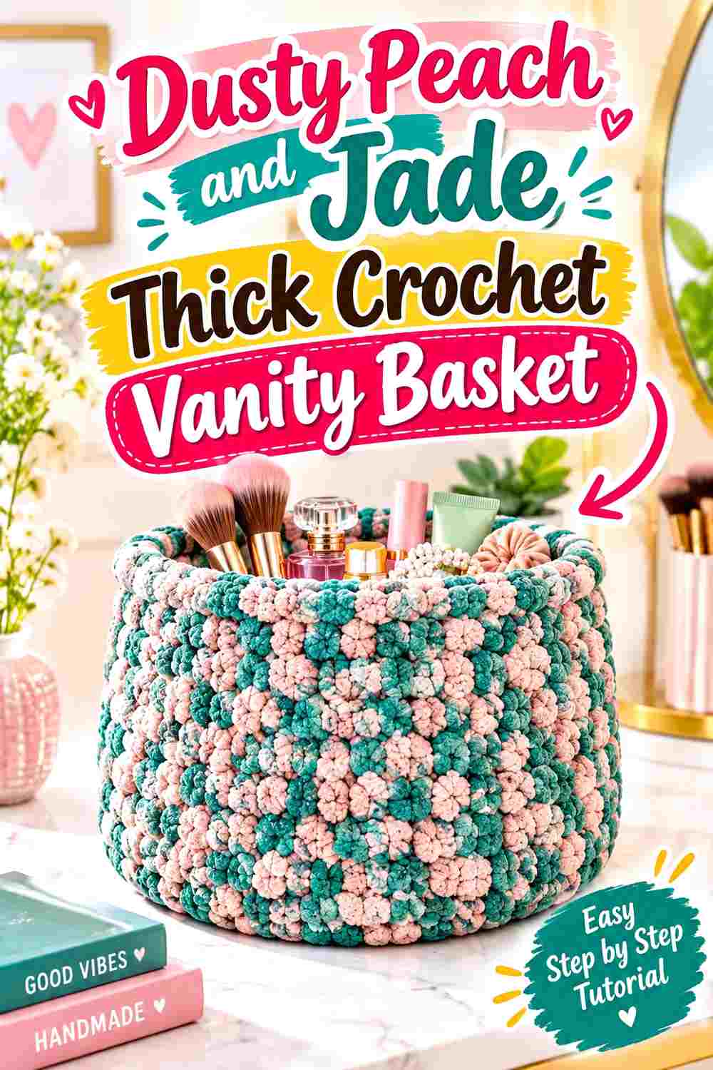 16. Dusty Peach And Jade Thick Crochet Vanity Basket
