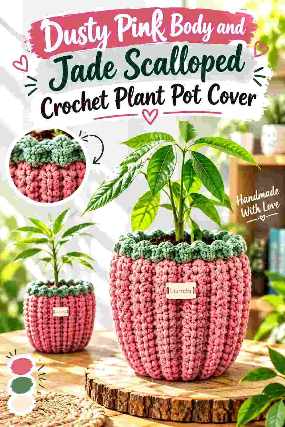 2. Dusty Pink Body And Jade Scalloped Crochet Plant Pot Cover
