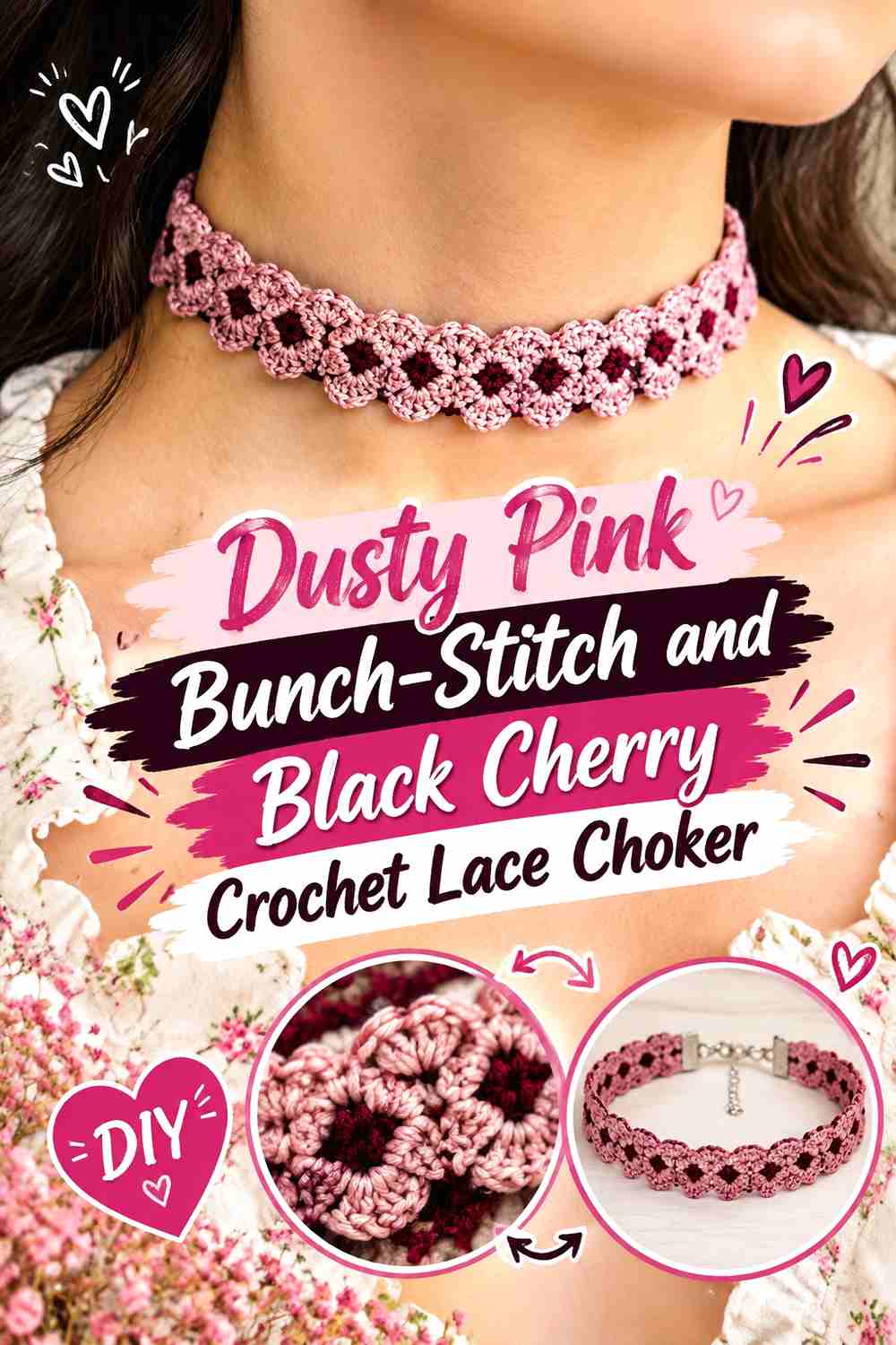 12. Dusty Pink Bunch Stitch And Black Cherry Crochet Lace Choker
