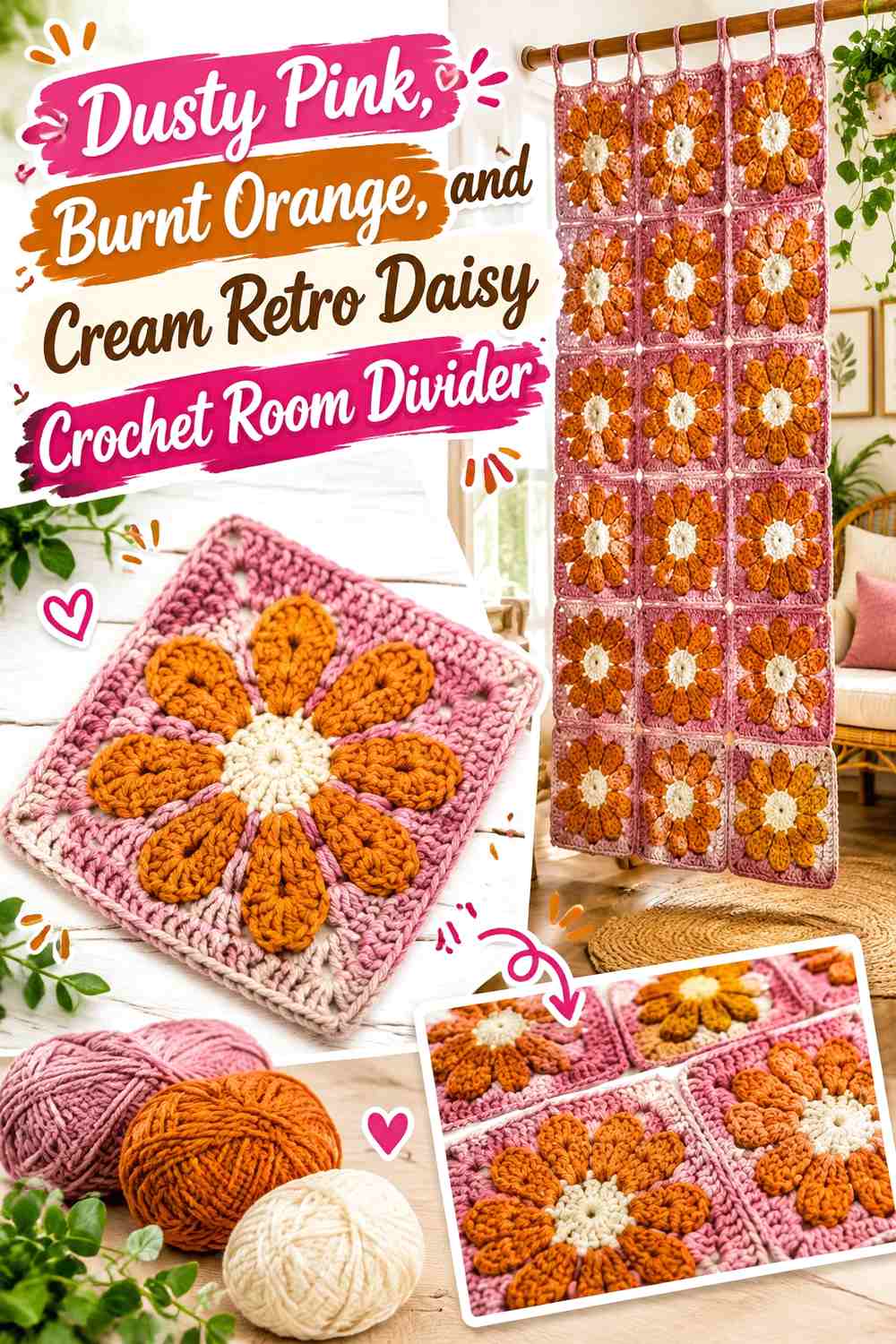 Dusty Pink, Burnt Orange, and Cream Retro Daisy Crochet Room Divider