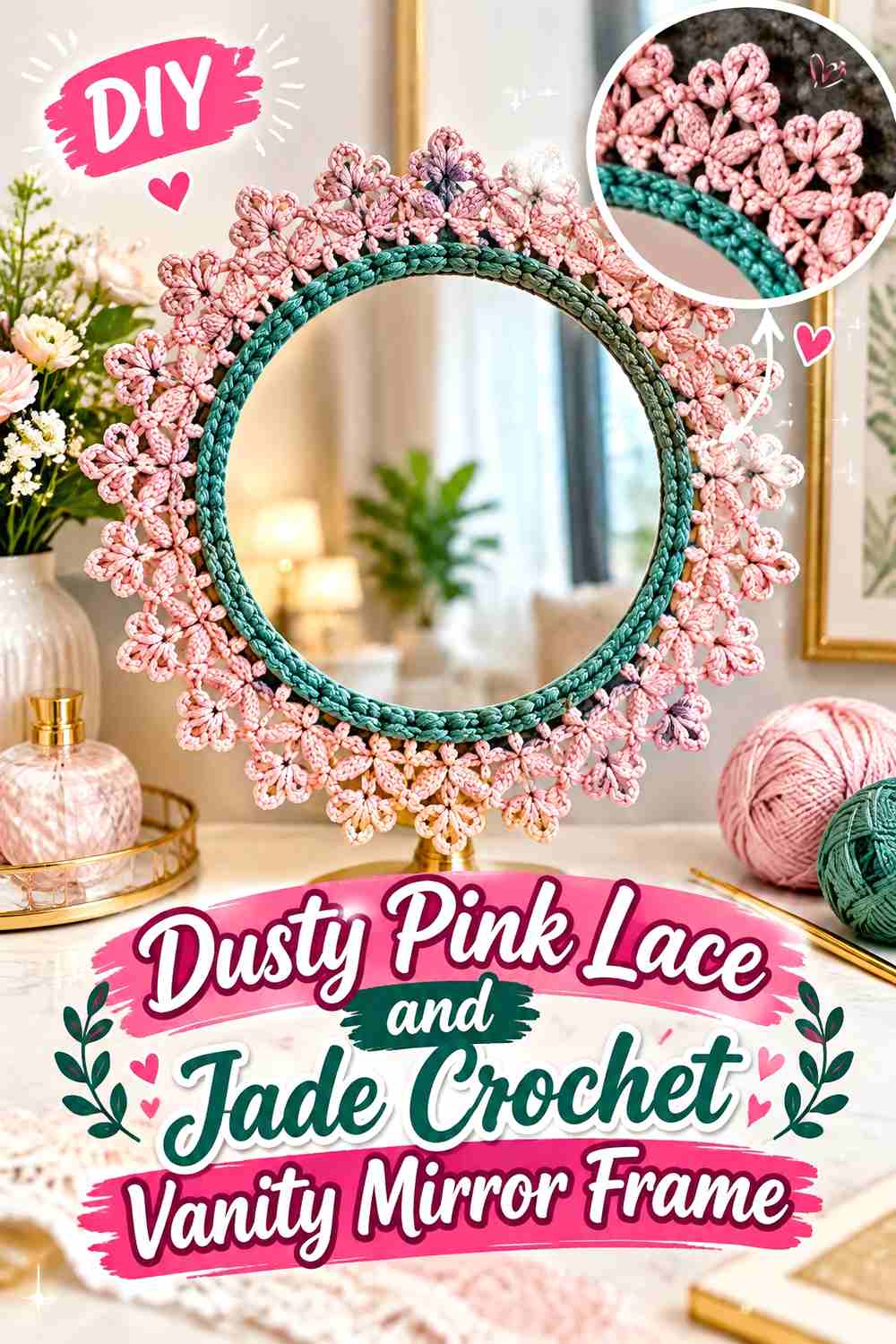 14. Dusty Pink Lace And Jade Crochet Vanity Mirror Frame