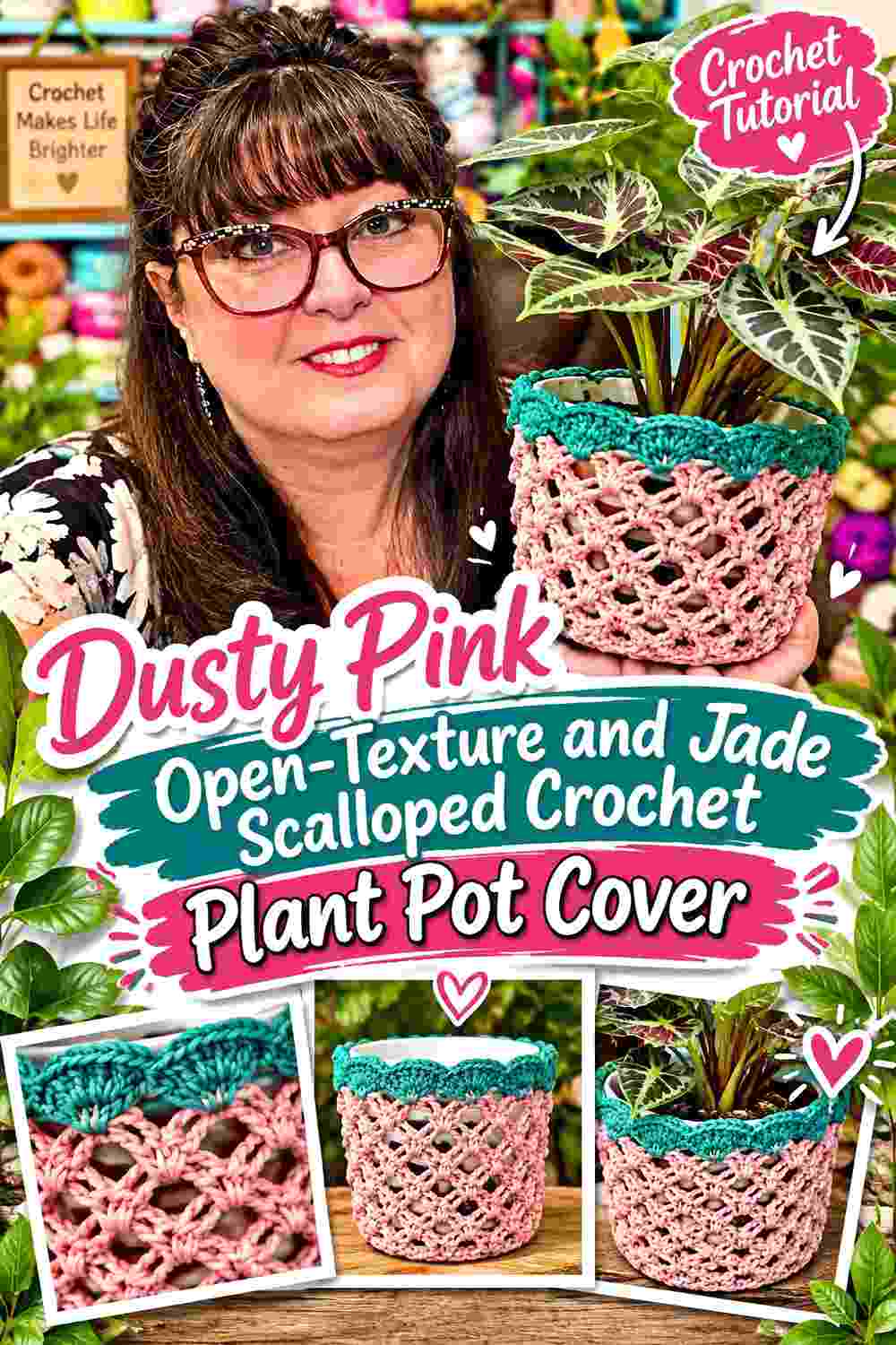 8. Dusty Pink Open Texture And Jade Scalloped Crochet Plant Pot Cover