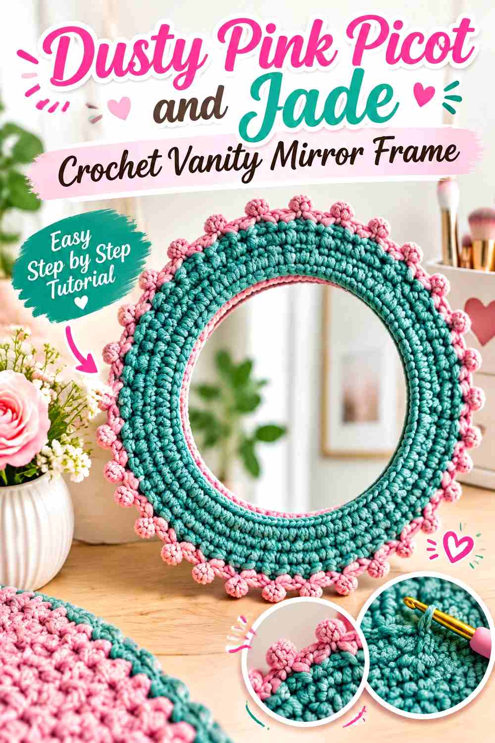 8. Dusty Pink Picot And Jade Crochet Vanity Mirror Frame
