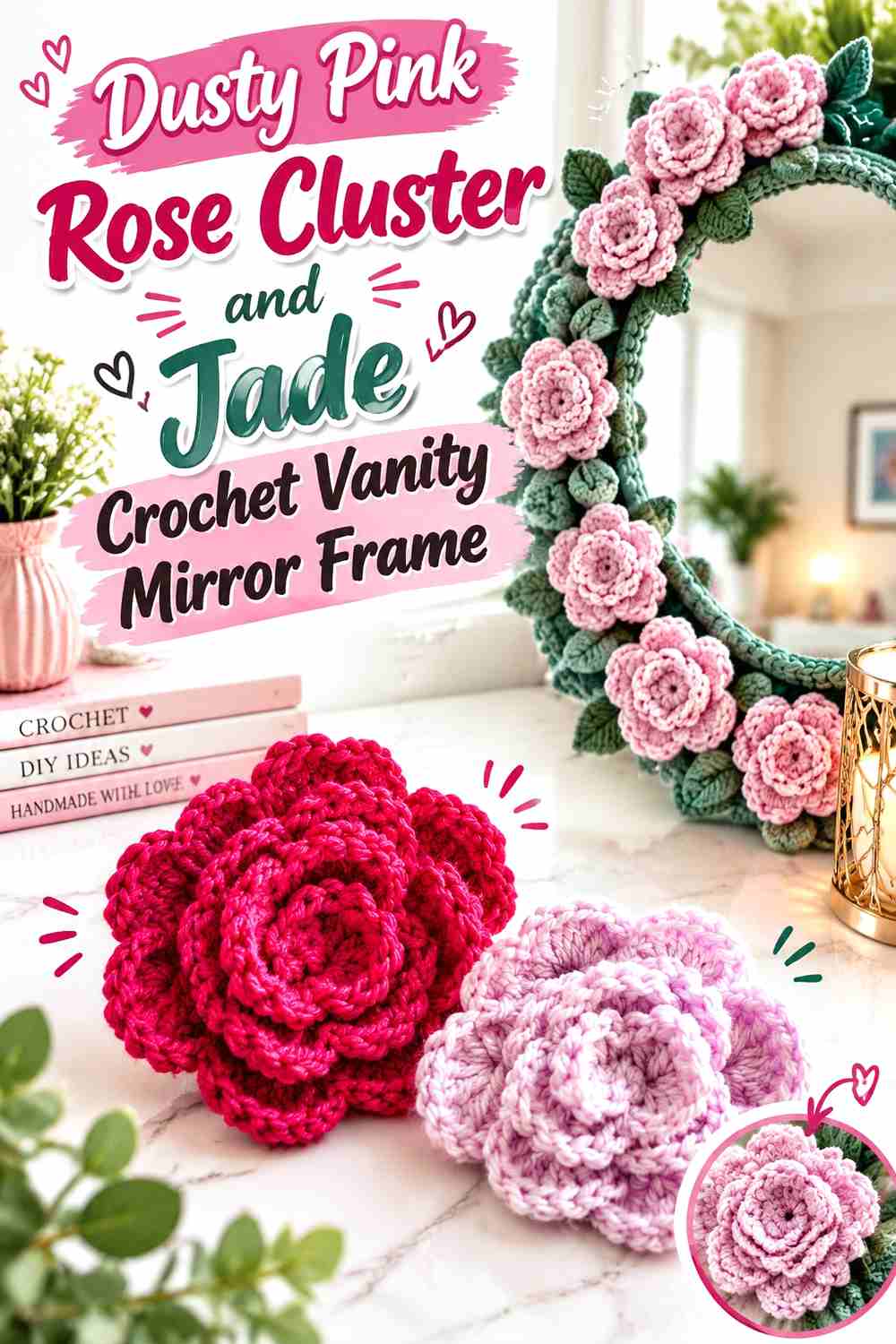 10. Dusty Pink Rose Cluster And Jade Crochet Vanity Mirror Frame