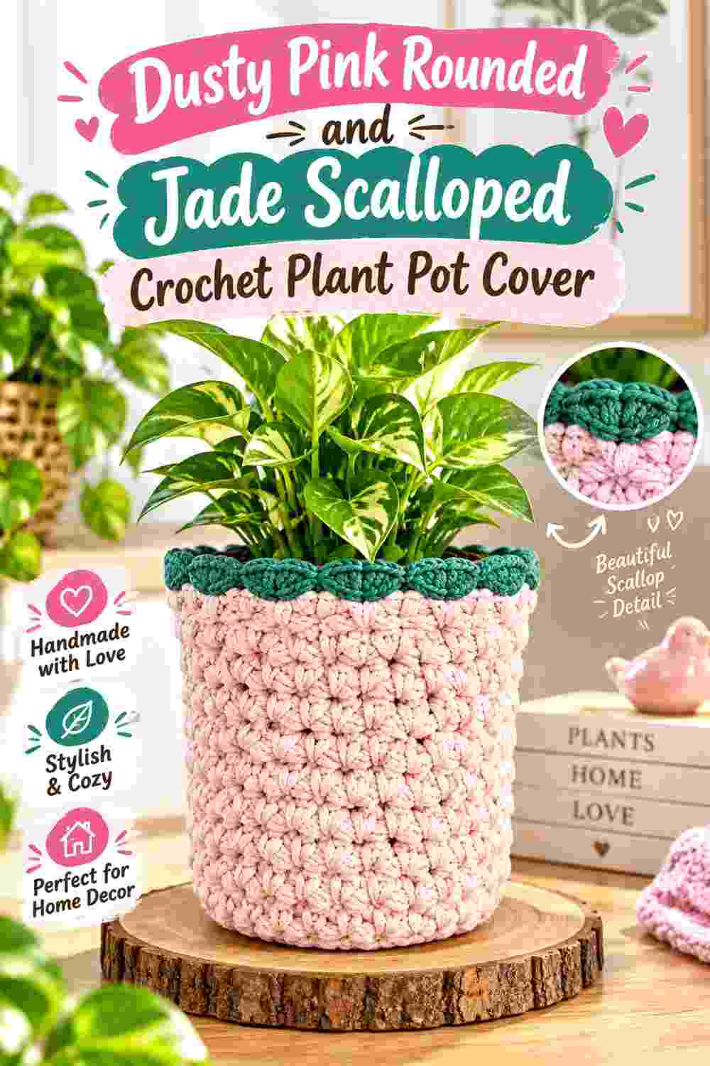 11. Dusty Pink Rounded And Jade Scalloped Crochet Plant Pot Cover
