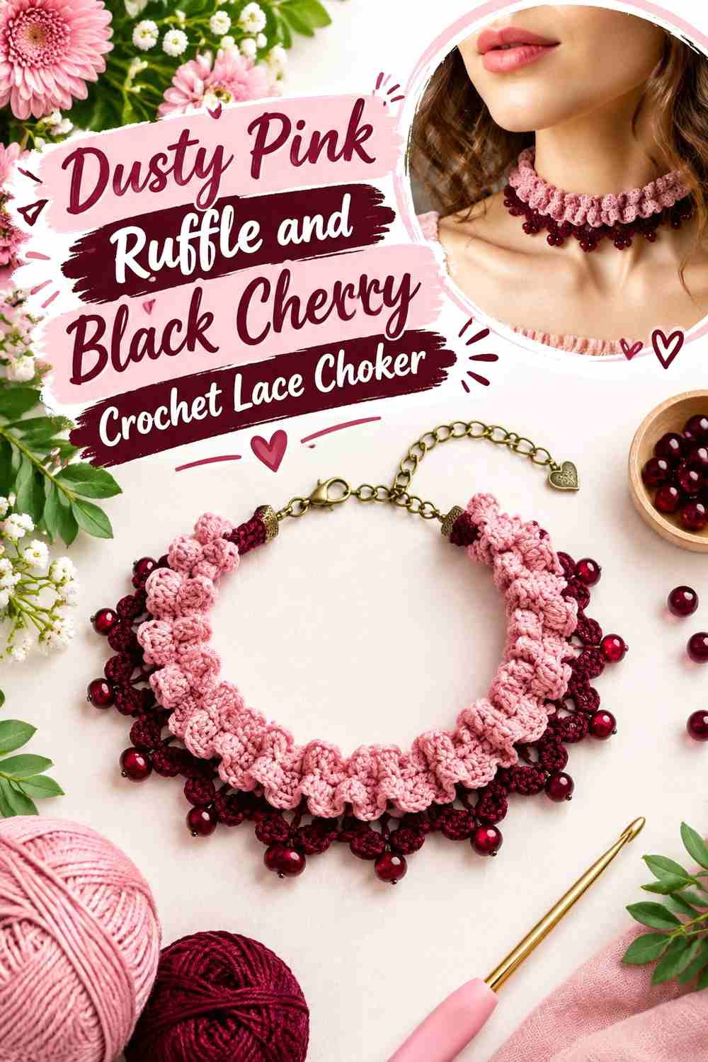 10. Dusty Pink Ruffle And Black Cherry Crochet Lace Choker
