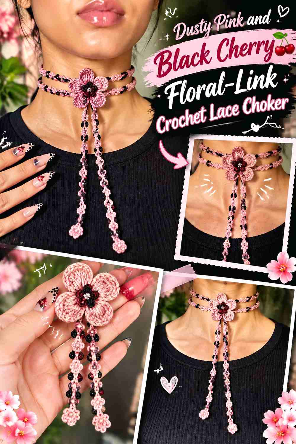 4. Dusty Pink And Black Cherry Floral Link Crochet Lace Choker