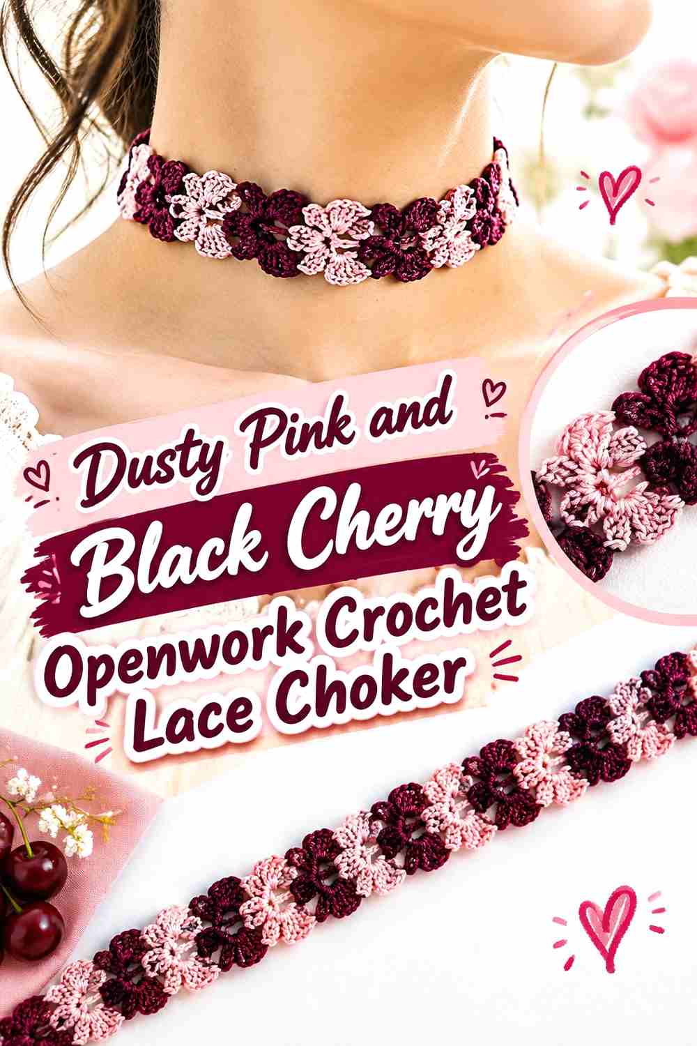 8. Dusty Pink And Black Cherry Openwork Crochet Lace Choker
