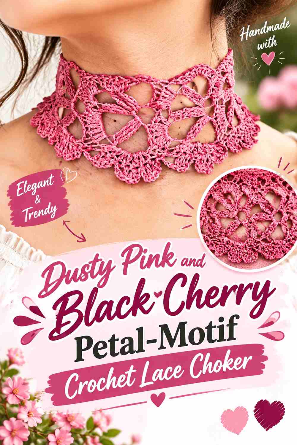 6. Dusty Pink And Black Cherry Petal Motif Crochet Lace Choker