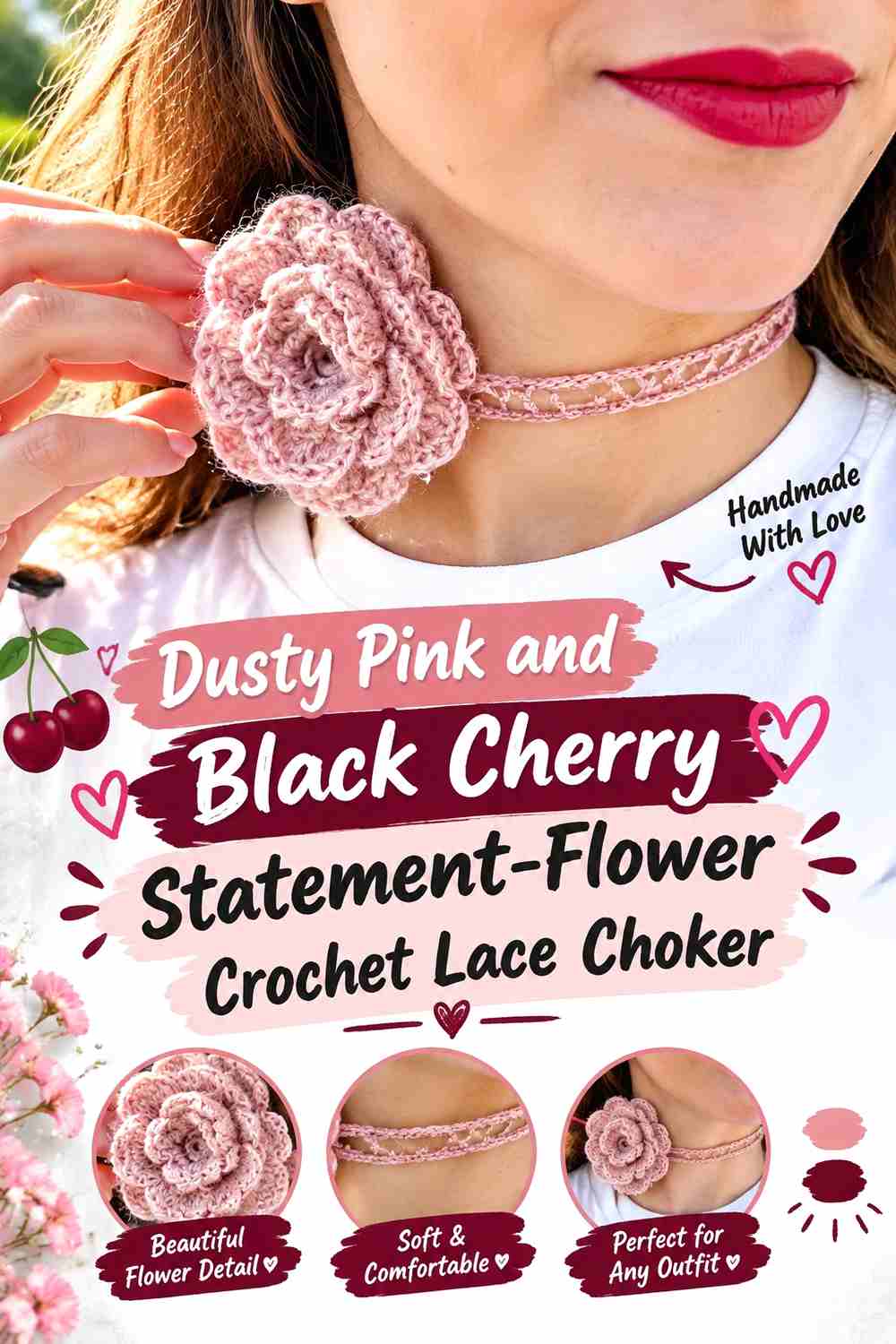 3. Dusty Pink And Black Cherry Statement Flower Crochet Lace Choker